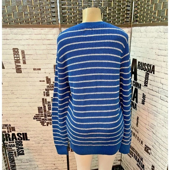 Gap L Blue Striped Pattern Crew Neck Ribbed Trim Long Raglan Sleeve Sweater - Picture 4 of 6
